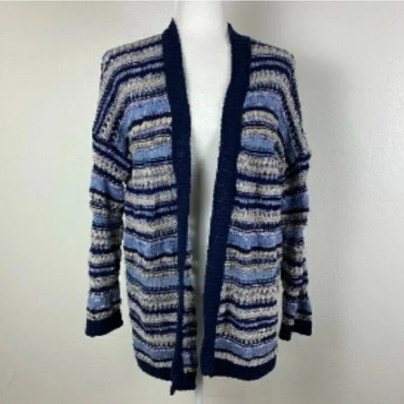 Benetton Womans Blue Knit Crochet Cut Out Striped Open Cardigan Sweater M NWT - Picture 2 of 14